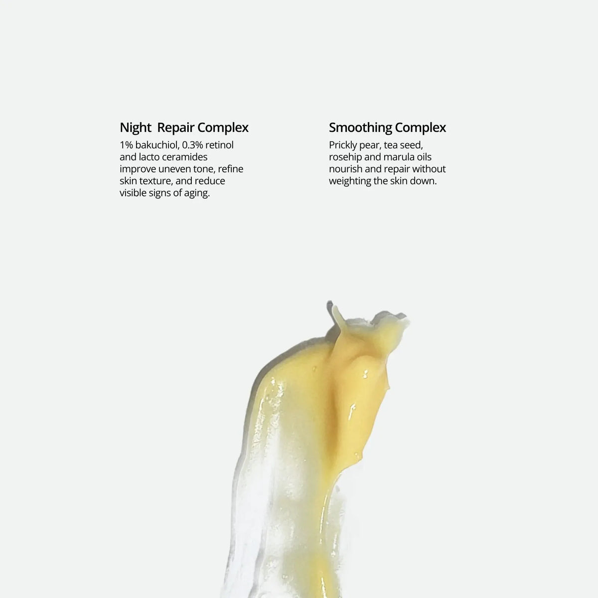 A close-up of By Valenti Bakuchiol Night Repair Cream, showing its pale yellow creamy consistency  against a very light gray background, with two text callouts above reading 'Night Repair Complex' and 'Smoothing Complex'.