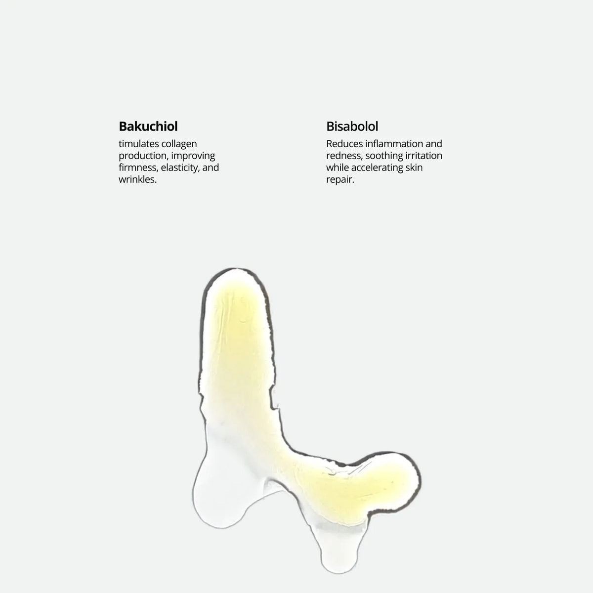 A minimalist infographic of By Valenti Bakuchiol Smoothing Serum on a light gray background featuring a stylized yellow-and-white droplet illustration with text describing skincare ingredients: Bakuchiol and Bisabolol.