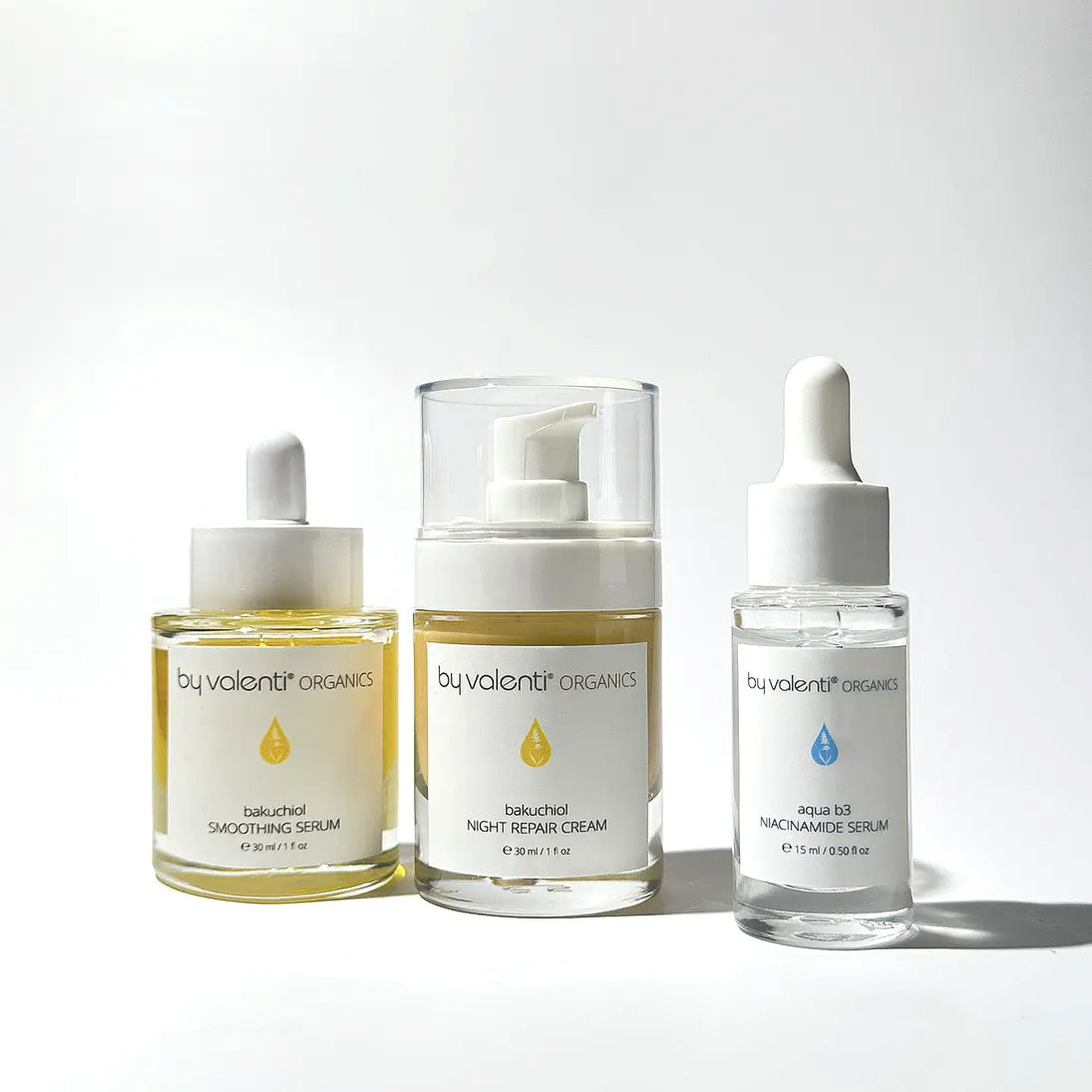 By Valenti Award-Winning Backuchiol Smoothing, Night Repair Cream and Aqua B3 Niacinamide Serum Italian Skincare