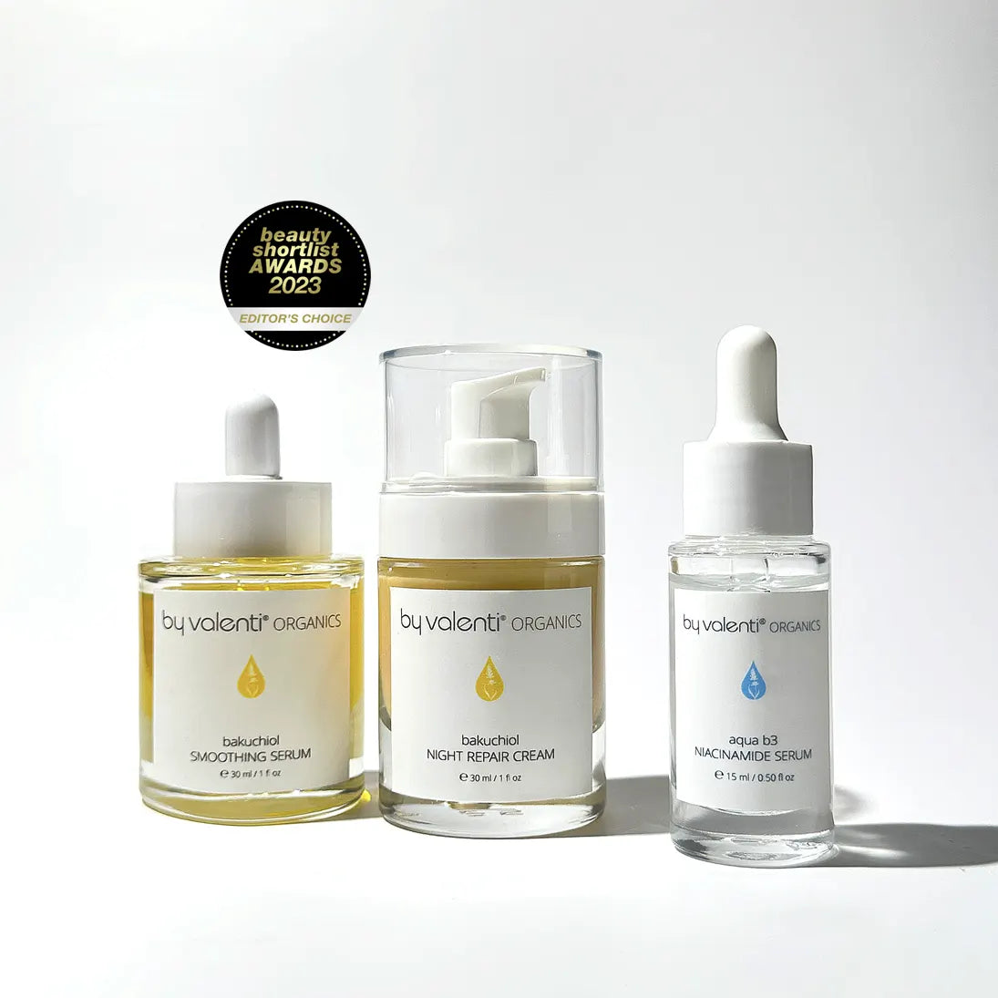 By Valenti Award-Winning Backuchiol Smoothing, Night Repair Cream and Aqua B3 Niacinamide Serum Italian Skincare