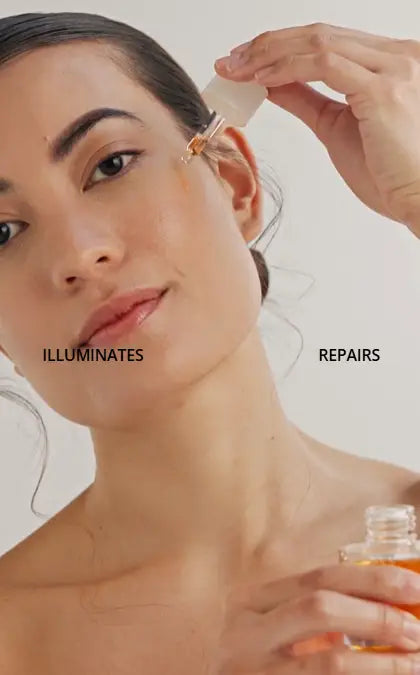 Woman applying By Valenti Organics Liquid Rose Gold Night Repair Serum with dropper to face, text 'ILLUMINATES' and 'REPAIRS' appears on the image.