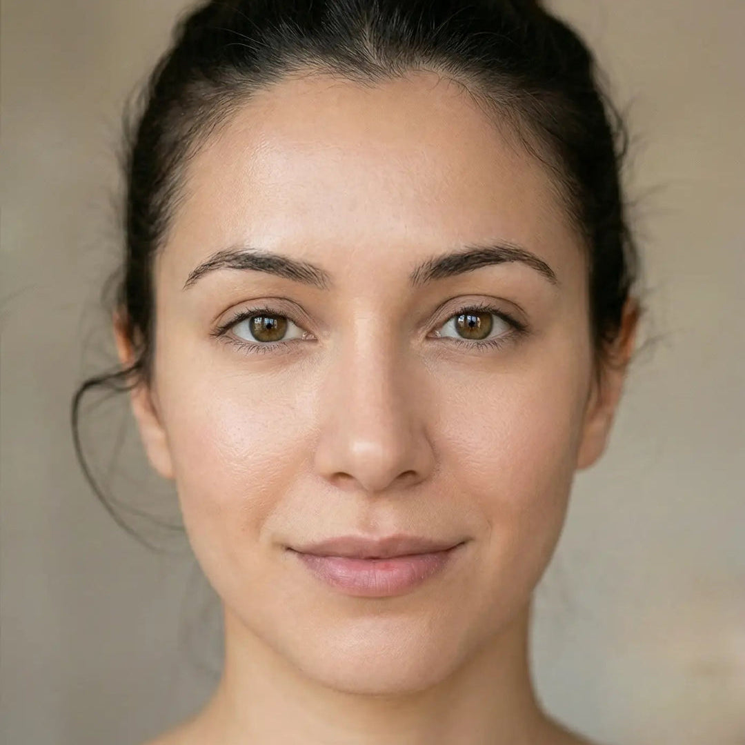 Close-up of a female test subject with a neutral expression against a plain background, showing improvement in skin appearance after 6 weeks of twice-daily applications of BY VALENTI Niacinamide Serum.
