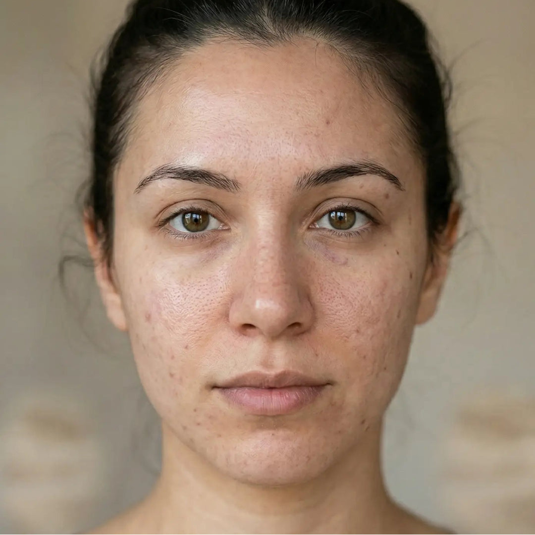 Close-up of a female test subject with a neutral expression against a plain background, showing appearance before twice-daily applications of BY VALENTI Niacinamide Serum. Skin can be seen damaged, discolored, clogged pores, and generalized blemishes.