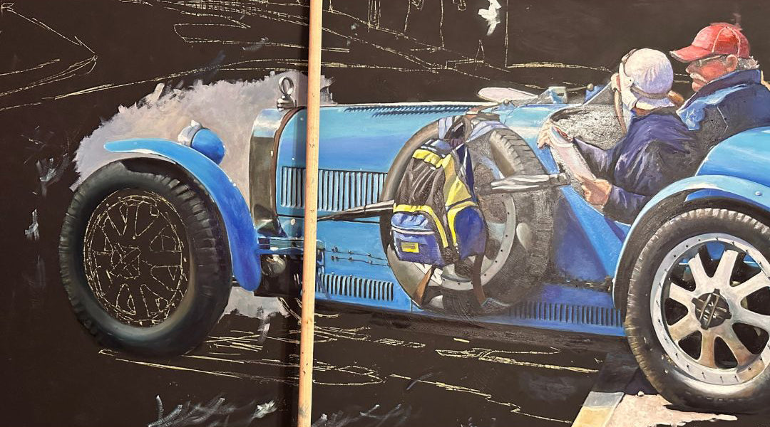 Manuela Valenti Studio & Gallery painting artistic depiction of a vintage blue car with two people inside on a dark background