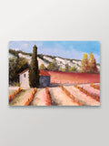 Manuela Valenti Studio & Gallery painting of a rural landscape with a house, trees, and fields.