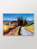 Manuela Valenti Studio & Gallery painting of a scenic landscape with a road and buildings, on a white background.
