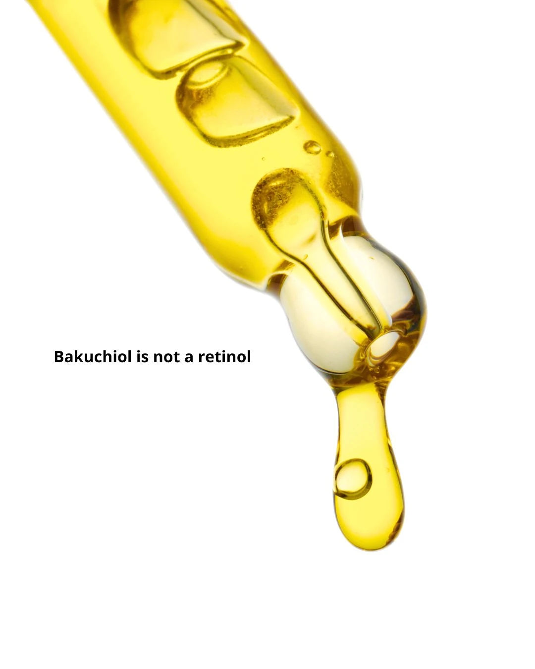 Glass dropper with by valenti yellow golden bakuchiol smoothing serum dripping from it on a white background, text 'Bakuchiol is not a retinol' below.